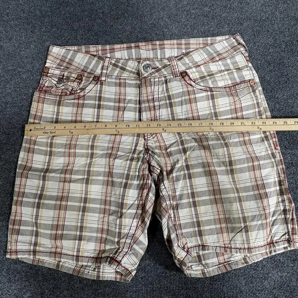 True Religion Swim Shorts Mens 40 Beige Plaid Cotton Twill Swimwear Pockets